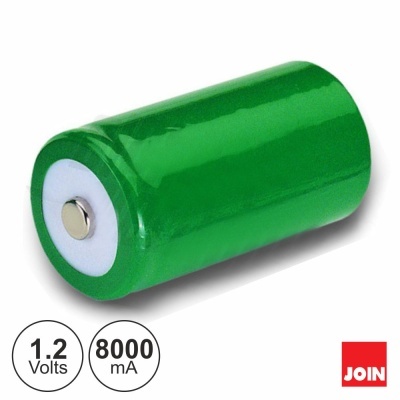 Bateria cilíndrica verde com texto 1.2 Volts 8000 mA e logo JOIN