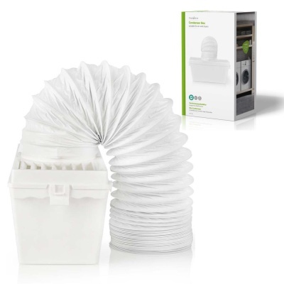 Exaustor extensível de roupa branco com caixa de ligação e embalagem ao fundo