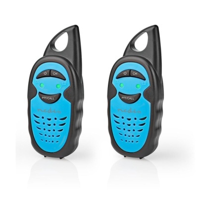 Par de walkie-talkies azuis e pretos com botões e indicadores LED