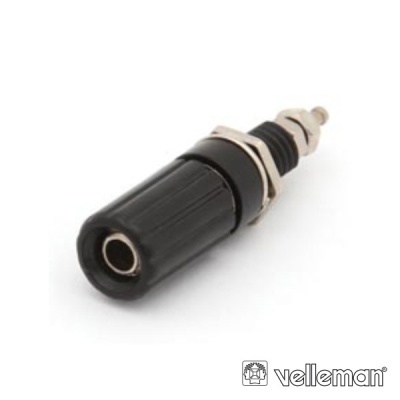 Conector de tomada tipo banana preto com metal prateado e fundo branco