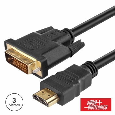 Cabo preto com conectores DVI e HDMI dourados, comprimento 3 metros