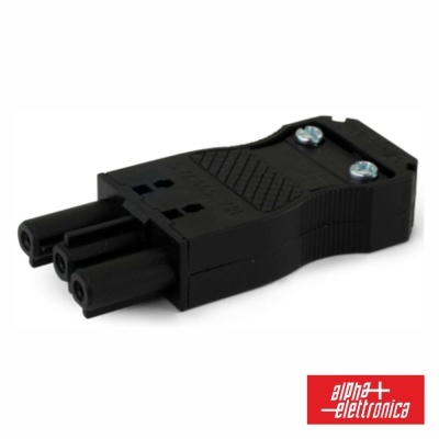 Conector elétrico preto com três pinos e parafusos visíveis