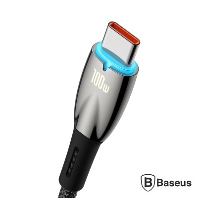 Cabo de carregamento USB tipo C preto com indicação 100W e luz azul