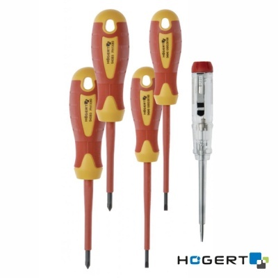 Conjunto de cinco chaves de fendas com punhos vermelhos e amarelos e uma com cabo transparente