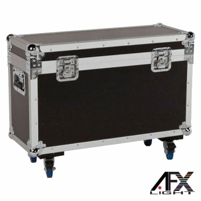Caixa de transporte preta com moldura metálica e rodas com logotipo AFX LIGHT