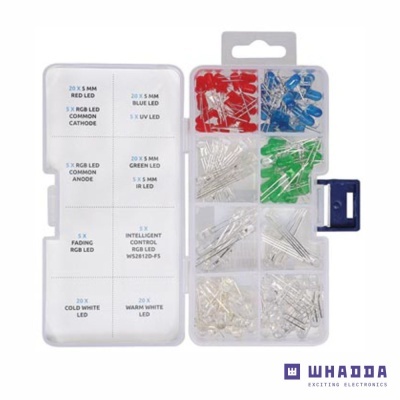 Estojo plástico com LEDs coloridos e texto explicativo sobre os tipos e quantidades, logótipo WHADDA EXCITING ELECTRONICS