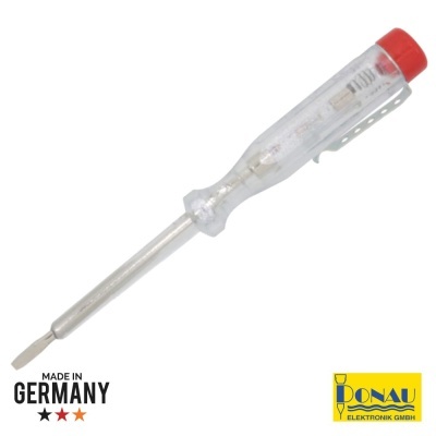 Teste de fiação transparente com tampa vermelha e lâmina metálica