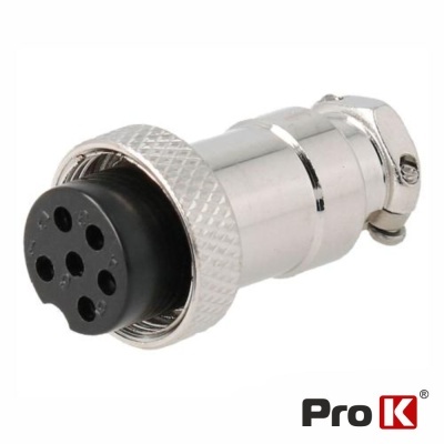 Conector circular metálico prateado com sete orifícios pretos da marca Pro K