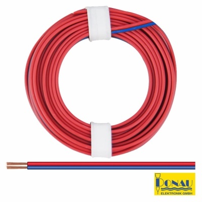 Rolo de fio elétrico vermelho com listra azul e cabo de cobre visível, logótipo DONAU ELEKTRONIK GMBH