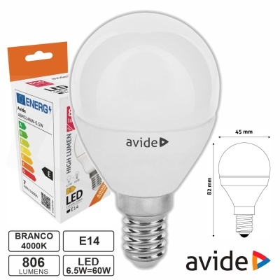 Lâmpada LED Avide E14 branca 4000K em embalagem com informação técnica