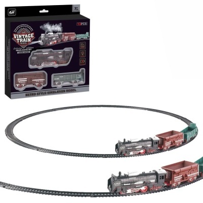 Conjunto de comboio vintage com locomotiva preta e dois vagões, trilhos circulares e embalagem preta.