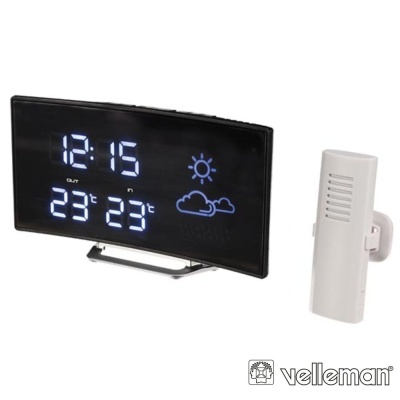 Relógio digital preto com visor LCD curvo e sensor branco
