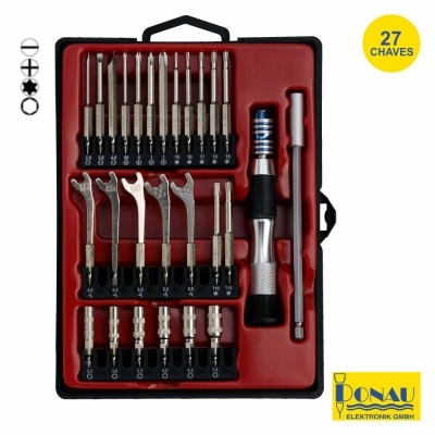 Conjunto de ferramentas com 27 chaves organizadas em estojo preto e vermelho