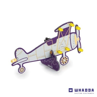 Modelo de avião em madeira cinzento e roxo com detalhes amarelos