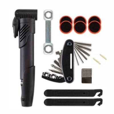 Conjunto de acessórios para bicicleta com mini bomba, chave multiusos, remendos, chave inglesa e ferramentas diversas