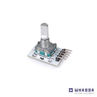 Potenciómetro rotativo eletrónico branco com pinos metálicos e texto Whadda