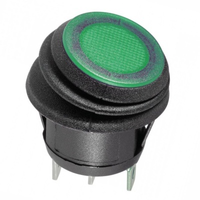 Botão redondo preto com superfície verde circular e terminais metálicos