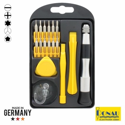 Conjunto de chave de fendas de precisão com acessórios em embalagem preta e amarela