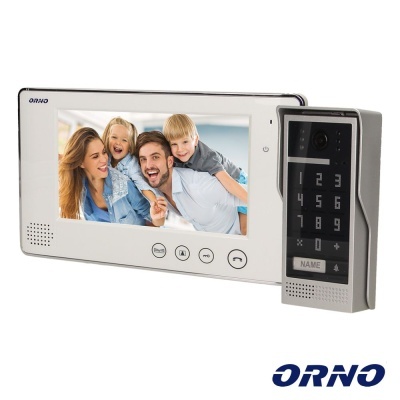 Videoporteiro ORNO branco com ecrã a cores e unidade externa cinzenta com teclado tátil e espaço para nome.