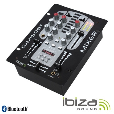 Misturador DJM150BT da Ibiza Sound com botões, faders e indicadores LED