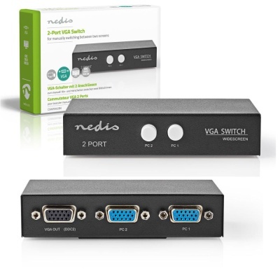 Interruptor VGA Nedis 2 portas preto com botões brancos e conectores VGA, embalagem com texto multilingue