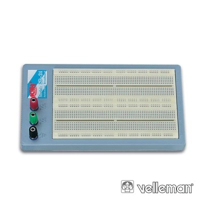 Placa de ensaio eletrónica Velleman com terminais vermelho, verde e preto e estrutura azul