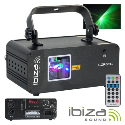 Laser LED ibiza sound LZR60G preto com alça e controlo remoto