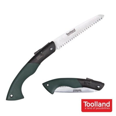 Serrote de mão dobrável com punho verde escuro e preto e lâmina com dentes, com logótipo Toolland