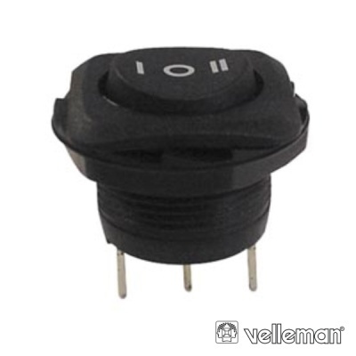 Interruptor redondo preto com três terminais e símbolos 1, 0, II