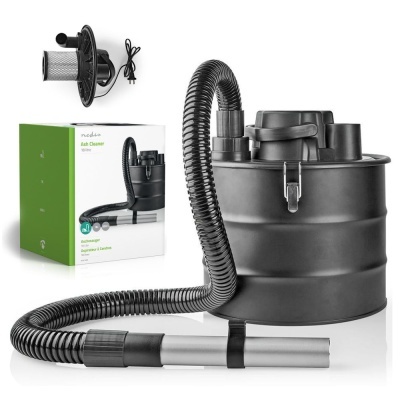 Aspirador de cinzas metálico preto com mangueira flexível e embalagem verde e branca