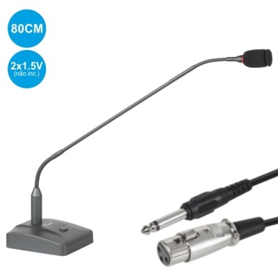 Microfone de mesa cinza com haste flexível e cabos com conectores jack e XLR