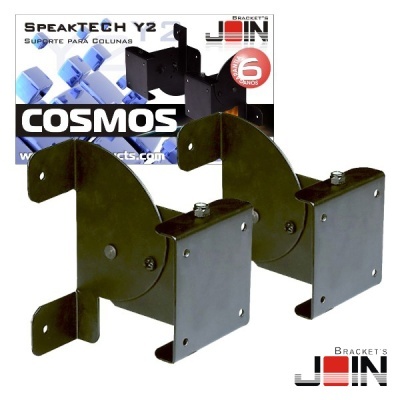 Suporte metálico preto para colunas com base quadrada prateada e parafusos visíveis