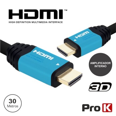 Cabo HDMI azul e preto com texto HDMI, indicação 30 metros e AMPLIFICADOR INTERNO.