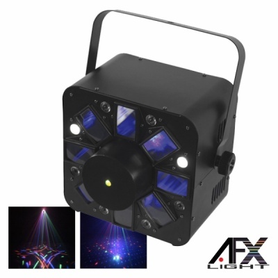 Projetor de luz LED preto AFX LIGHT com lente central e painéis azuis