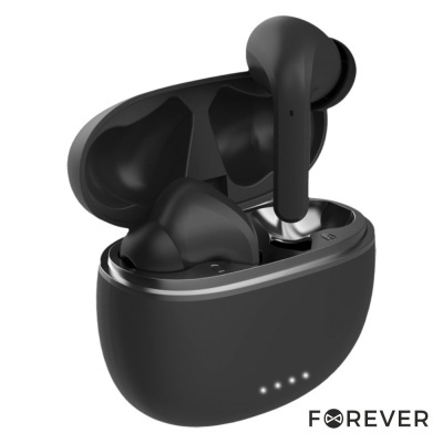Auriculares sem fios pretos com estojo de carregamento preto e quatro LEDs indicadores