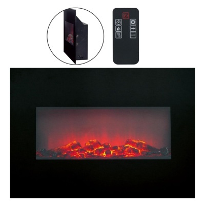 Lareira elétrica embutida retangular preta com efeito de fogo em LED e controle remoto preto