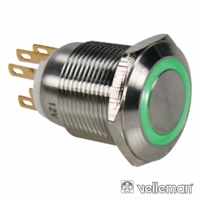 Botão interruptor metálico redondo com anel LED verde e terminais dourados