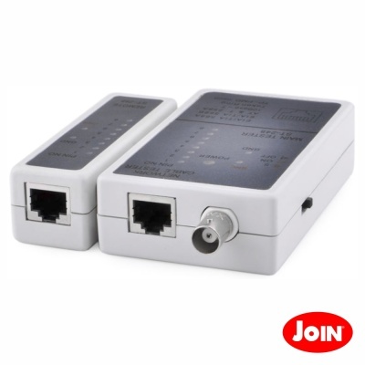 Testadores de cabos de rede branco com conexões RJ45 e BNC