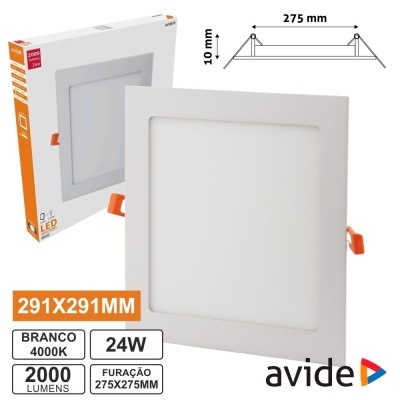 Painel LED quadrado branco da avide com características técnicas e embalagem