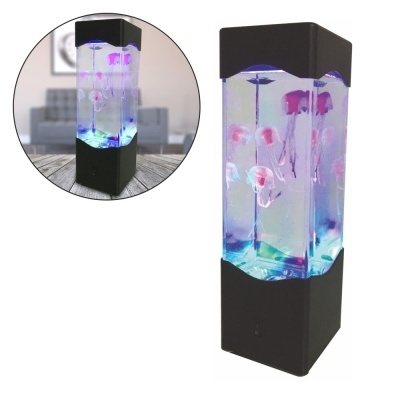 Lâmpada decorativa com águas-vivas iluminadas em base preta