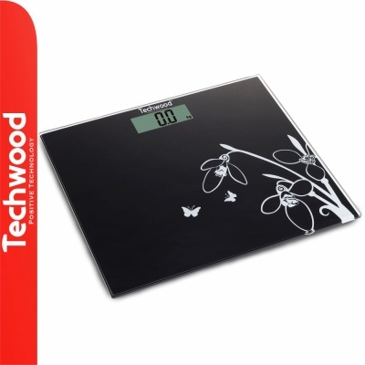 Balança digital Techwood preta com design floral branco e visor digital
