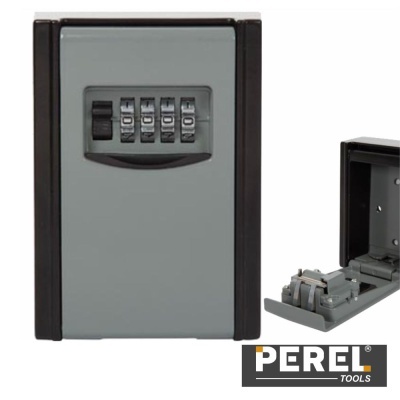 Cofre metálico cinzento com fechadura numérica e porta aberta.