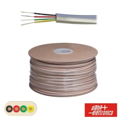 Rolo de cabo elétrico cinza com cinco fios coloridos expostos e logótipo Alpha Elettronica