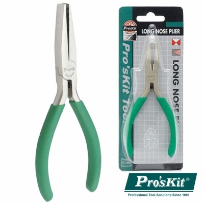 Alicates de ponta longa Pro'sKit com cabo verde na embalagem