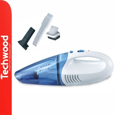 Aspirador portátil de mão Techwood branco e azul com três bocais adicionais.