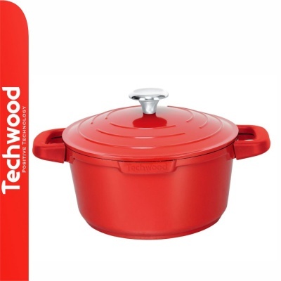 Caçarola redonda vermelha com tampa e alças largas, material ferro fundido esmaltado