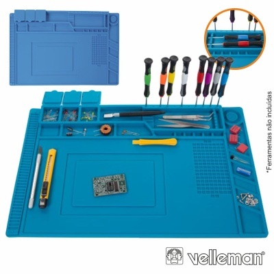 Tapete de trabalho em silicone azul com divisórias e organizadores para eletrónica