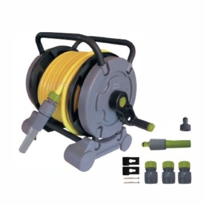 Carretel de mangueira de jardim com suporte e acessórios