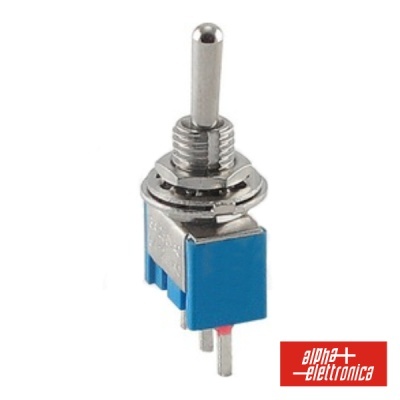 Interruptor de alavanca metálico com base azul e terminais de ligação.