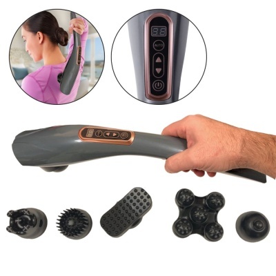 Massageador elétrico cinza com cinco cabeças de massagem intercambiáveis